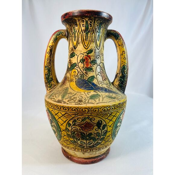 Vintage MAJOLICA POTTERY VASE Persian Style Double Handle Floral Birds Japan main image 0